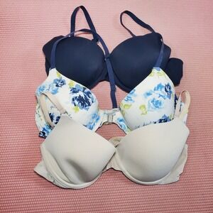 Gilly Hicks Sydney Bra‎ Bundle 32B Push Up Underwire Navy Floral Nude 3 Pack